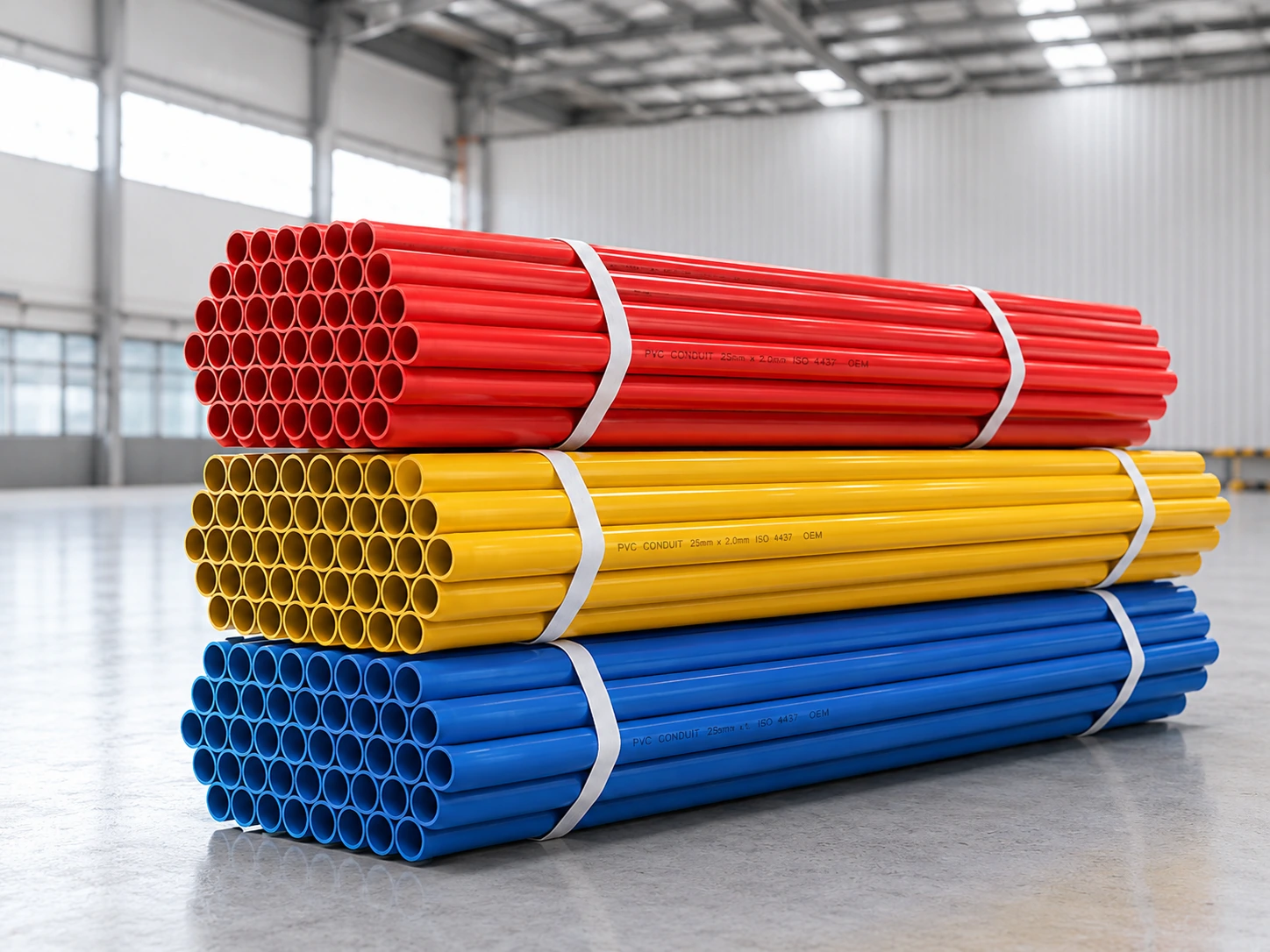 Separate red blue and yellow PVC electrical conduit bundles