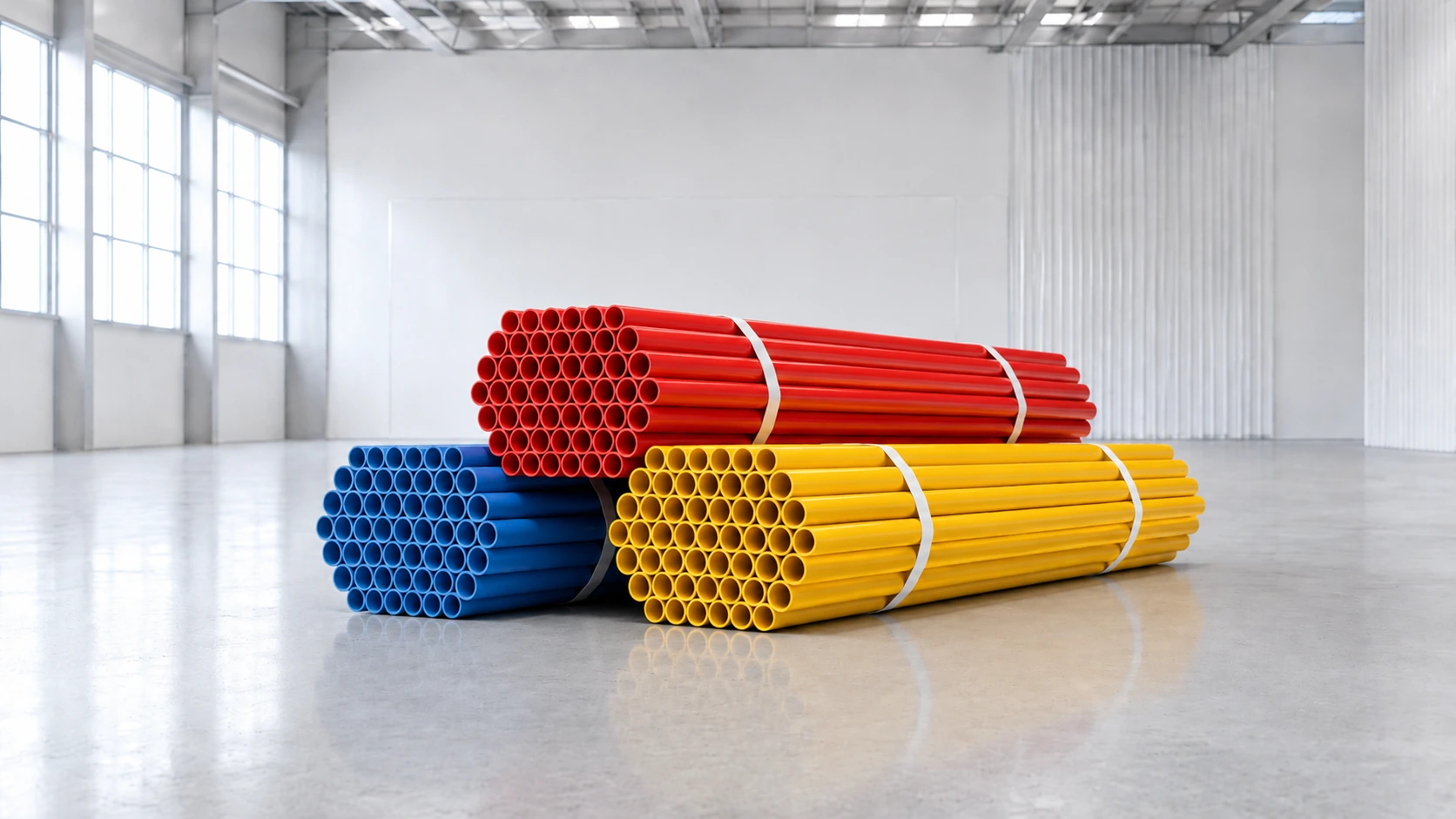 PVC electrical conduit bundles tied with white industrial strapping bands