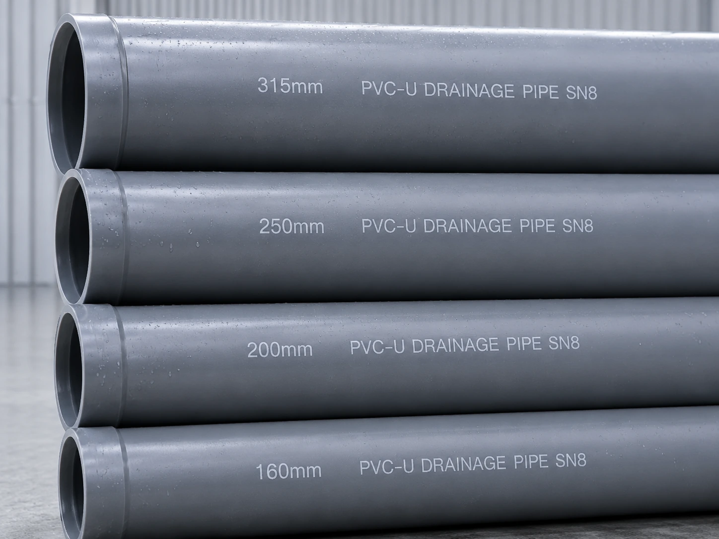 Gray PVC-U drainage pipe with SDR 26 factory inkjet markings