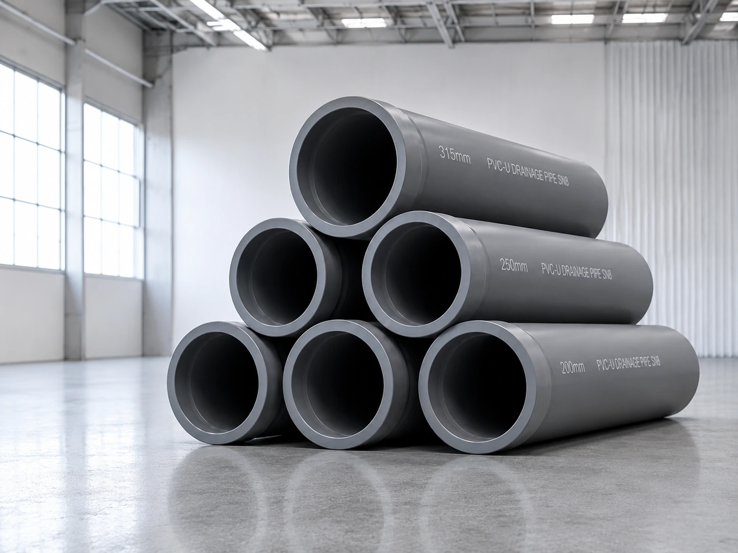 Dark gray thick-wall PVC municipal pipes with SDR 26 factory markings stacked in an industrial warehouse