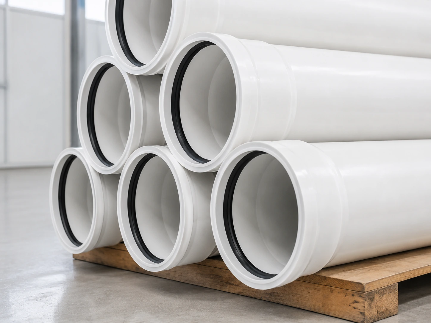 Close view of white PVC-U drainage pipe sockets with black rubber gaskets