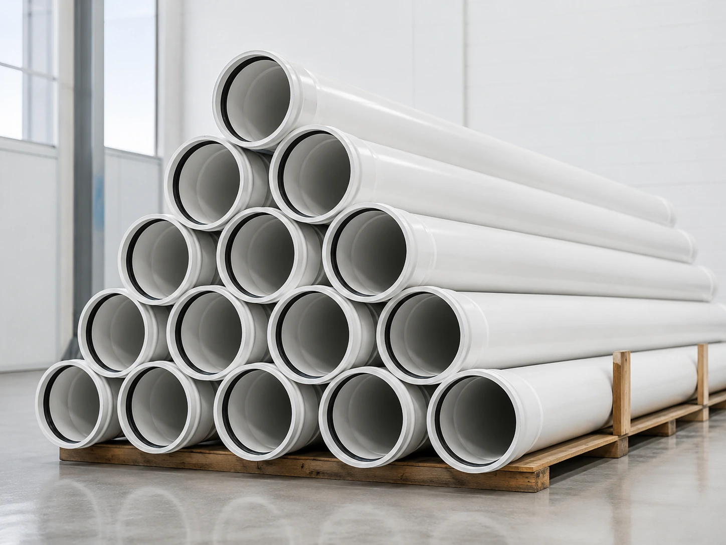 White PVC-U drainage pipes with black rubber sealing rings stacked on a clean factory floor